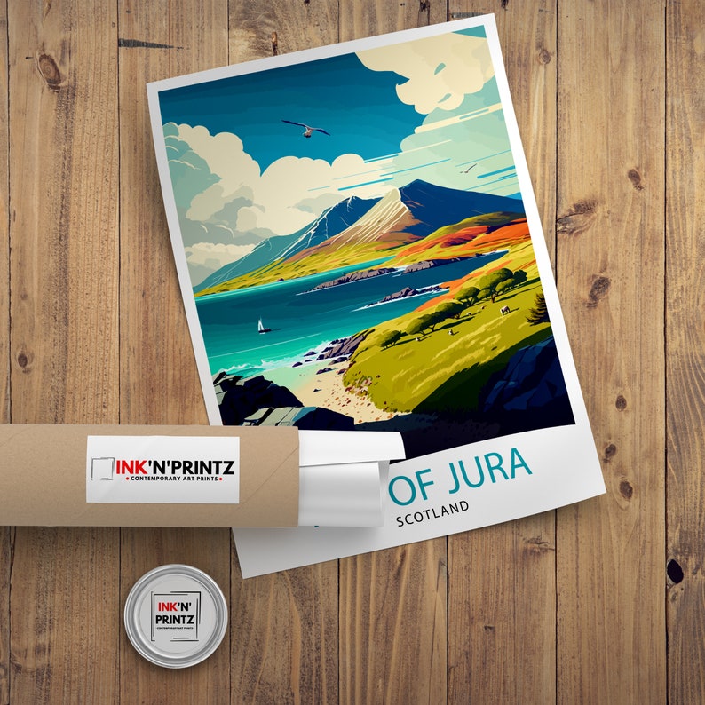 May include: A colorful illustration of the Isle of Jura in Scotland. The image features a green island with a mountain range, a blue bay, and a white sailboat. The text "OF JURA SCOTLAND" is printed at the bottom of the image.