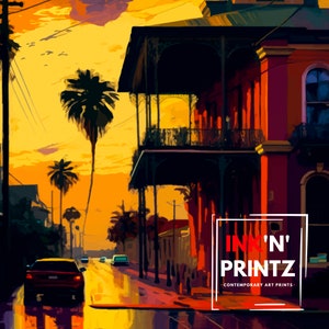Puede incluir: Una pintura que representa una escena de calle con palmeras y un edificio rojo con balc&oacute;n. La calle est&aacute; mojada y hay coches circulando por ella. La pintura est&aacute; firmada "Ink'N' Printz - Contemporary Art Prints".