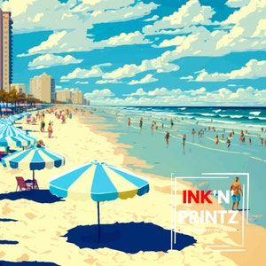 K&ouml;nnte beinhalten: Eine farbenfrohe Illustration einer Strandszene mit blau-wei&szlig; gestreiften Sonnenschirmen, Menschen am Strand und einem blauen Meer. Der Text "INK'N' PRINTZ" befindet sich in einem wei&szlig;en Kasten mit rotem Rahmen.
