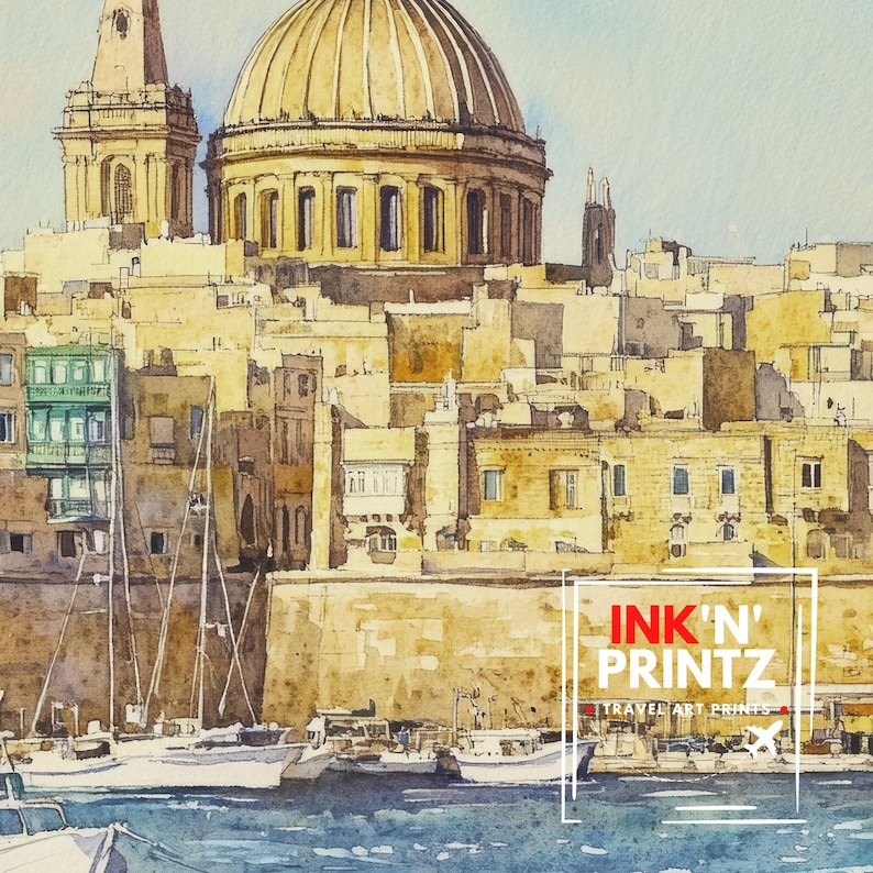 May include: Watercolor print of a coastal city with a large domed building and boats in the water. The buildings are a warm yellow color, and the sky is a light blue. The print has the text "INK'N' PRINTZ TRAVEL ART PRINTS".
