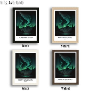 May include: Four different framing options for a print of the Northern Lights in Norway. The print is in a black frame, a natural wood frame, a white frame, and a walnut frame.