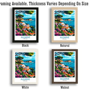 May include: Four framed prints of a colorful illustration of a coastal town in Algarve, Portugal. The frames are black, natural wood, white, and walnut.