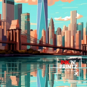 May include: A colorful illustration of the New York City skyline with the Brooklyn Bridge in the foreground. The image features the Freedom Tower, other skyscrapers, and the East River. The text "INK'N' PRINTZ TRAVEL ART PRINTS" is in the lower right corner of the image.