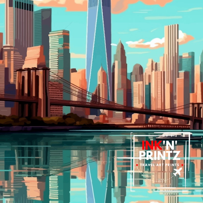 May include: A colorful illustration of the New York City skyline with the Brooklyn Bridge in the foreground. The image features the Freedom Tower, other skyscrapers, and the East River. The text "INK'N' PRINTZ TRAVEL ART PRINTS" is in the lower right corner of the image.
