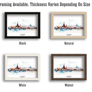 May include: Four framed prints of a watercolor painting of the Glasgow skyline. The frames are available in black, natural wood, white, and walnut.
