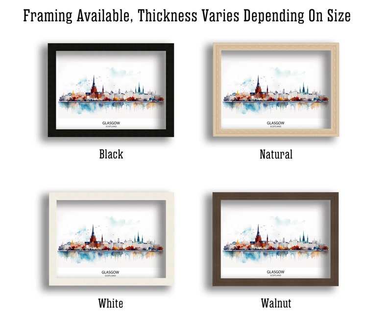 May include: Four framed prints of a watercolor painting of the Glasgow skyline. The frames are available in black, natural wood, white, and walnut.