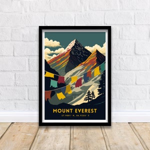 May include: A vintage travel poster featuring a colorful illustration of Mount Everest with prayer flags hanging between the peaks. The text "MOUNT EVEREST 27.9881&deg; N, 86.9250&deg; E" is at the bottom of the poster.
