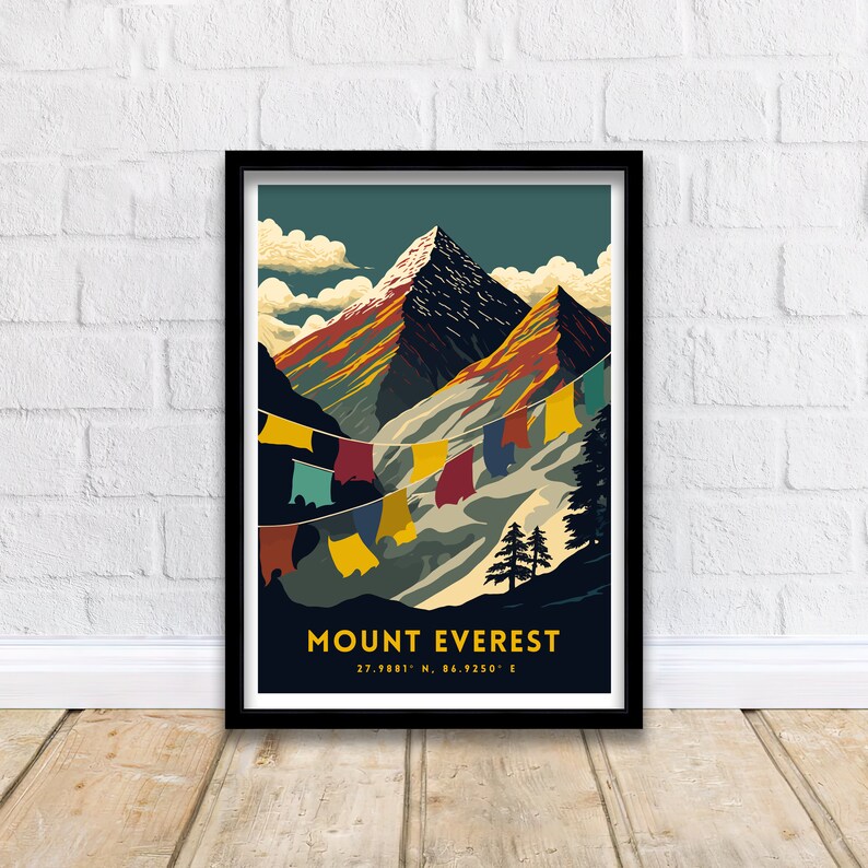 May include: A vintage travel poster featuring a colorful illustration of Mount Everest with prayer flags hanging between the peaks. The text "MOUNT EVEREST 27.9881&deg; N, 86.9250&deg; E" is at the bottom of the poster.
