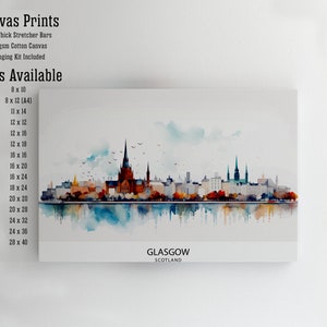 May include: Watercolor painting of the Glasgow skyline with a reflection in the water. The painting is available in various sizes, from 8x10 inches to 28x40 inches. 2cm thick stretcher bars, 325gsm cotton canvas, hanging kit included.