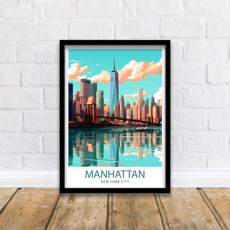 May include: A colorful illustration of the Manhattan skyline with the Freedom Tower in the center. The image is framed in black and has the text "MANHATTAN NEW YORK CITY" at the bottom.
