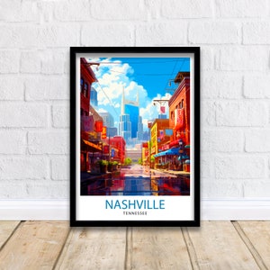 May include: A colorful illustration of a street scene in Nashville, Tennessee. The street is lined with buildings, and the iconic Ryman Auditorium is visible in the background. The text "Nashville, Tennessee" is printed at the bottom of the image.