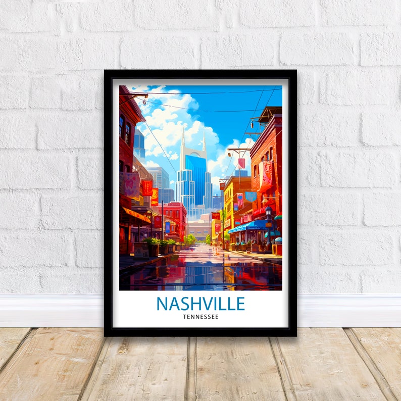 May include: A colorful illustration of a street scene in Nashville, Tennessee. The street is lined with buildings, and the iconic Ryman Auditorium is visible in the background. The text "Nashville, Tennessee" is printed at the bottom of the image.