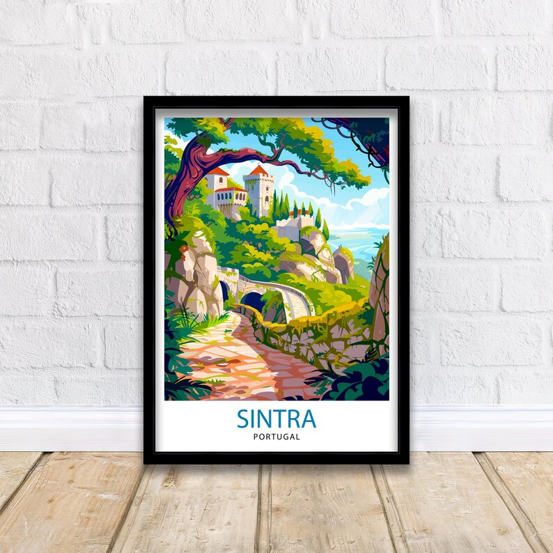 May include: A colorful illustration of a castle in Sintra, Portugal. The castle is perched on a hilltop with a winding path leading up to it. The image is framed in black.