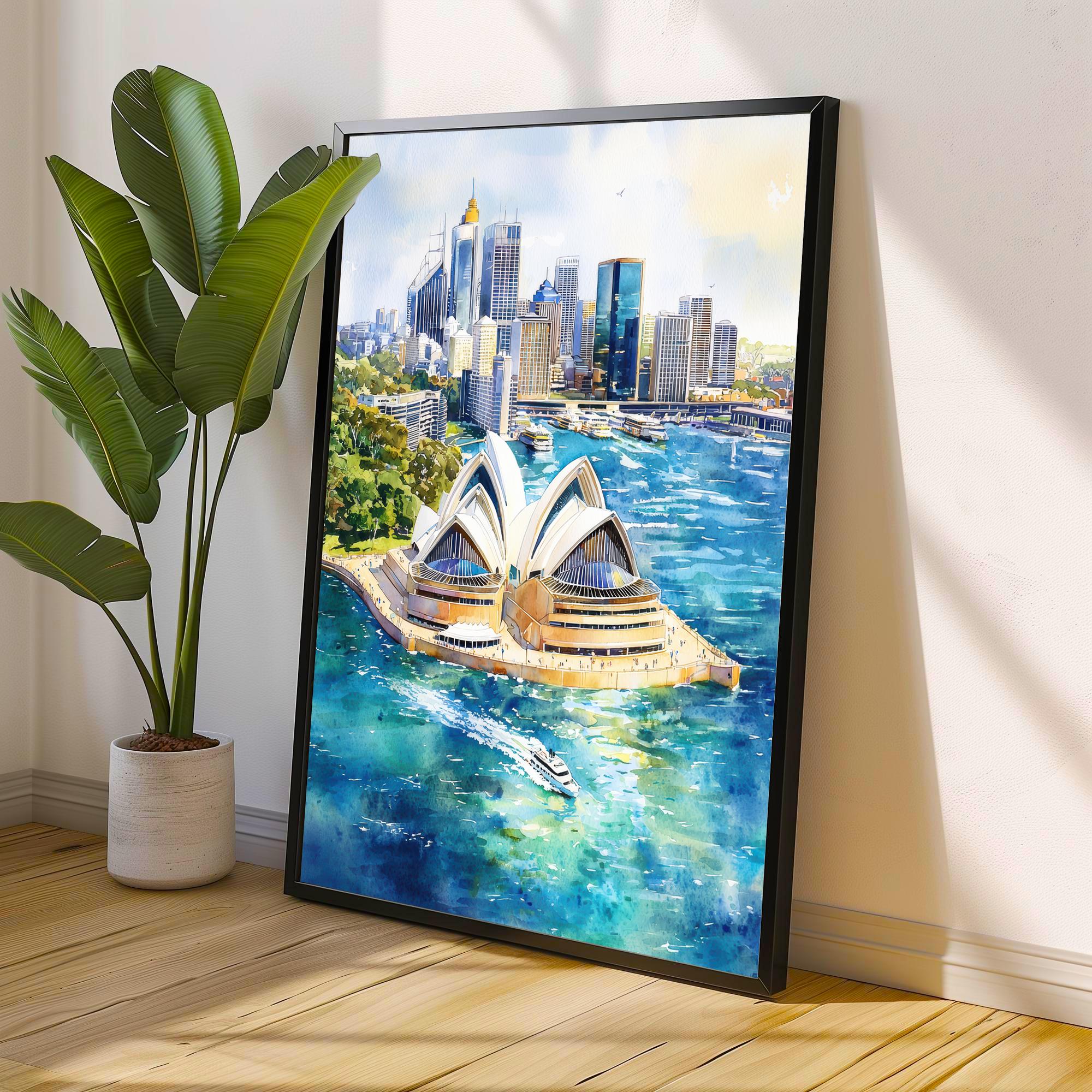 シドニー港の水彩画、オーストラリアの都市景観アートプリント