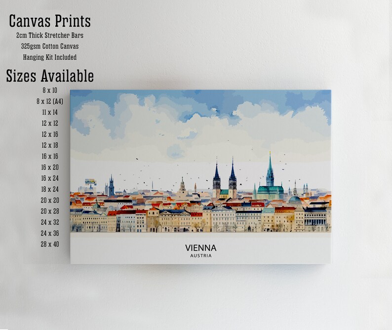 Peut inclure: Une peinture &agrave; l'aquarelle de l'horizon de Vienne, avec plusieurs b&acirc;timents aux toits rouges et quelques fl&egrave;ches hautes. La peinture est sur une toile avec une bordure blanche et le texte "VIENNE AUTRICHE" en bas. Le texte "Tailles disponibles" est list&eacute; sur le c&ocirc;t&eacute; gauche de l'image avec une liste de diff&eacute;rentes tailles en pouces.