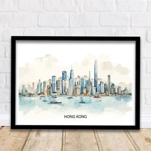 Hong Kong Skyline Print Iconic Cityscape Art Victoria Harbour Poster Hong Kong Wall Decor Asian Metropolis Illustration Urban Landscape