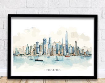 Impression de paysage urbain emblématique de Hong Kong, affiche du port de Victoria, décoration murale de Hong Kong, illustration de la métropole asiatique, paysage urbain