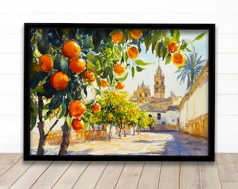Seville Spain Watercolor Landscape Painting Poster Andalusia Wall Art Historic City Print Gift for Europe Lovers and Fans of Scenic Spanish