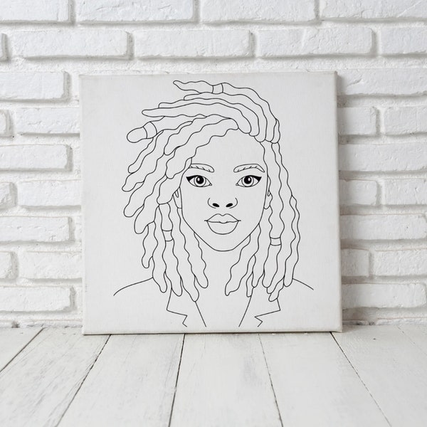 12x12 African Girl Locs Theme Pre Drawn Canvas to Paint, Pre Printed Canvas for Ladies Sip & Paint, Pre Sketched Canvas Painting for Adults