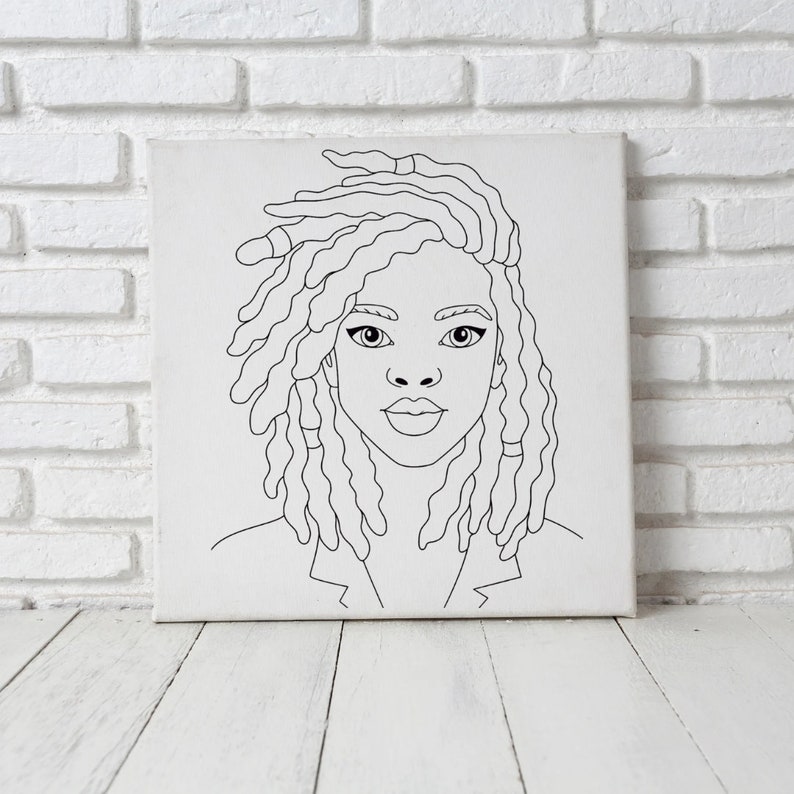 May include: Line drawing of a person with long, curly hair. The person has a neutral expression and is looking directly at the viewer.