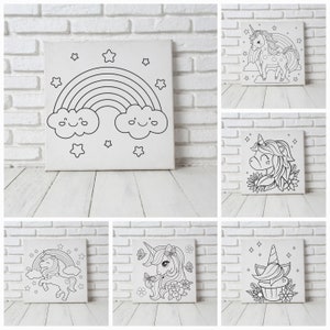 12x12 Unicorn and Rainbows Pre-printed Canvases for Kids Paint Party
