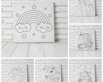 12x12 Unicorn and Rainbows Pre-printed Canvases for Kids Paint Party