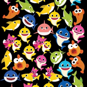 May include: A colorful pattern of cartoon sharks in various colors, including yellow, blue, pink, green, and orange, against a black background. The sharks have smiling faces and some wear crowns.