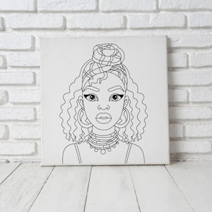 12x12 African Girl Theme Pre Drawn Canvas to Paint, Pre Printed Canvas for Ladies Sip & Paint, Pre Sketched Canvas Painting for Adults