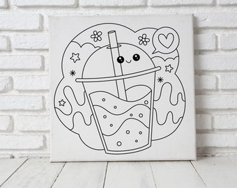 Smiling Drink Theme Pre Drawn Canvas to Paint or Color, Pre-Printed Canvas Painting for Kids Party
