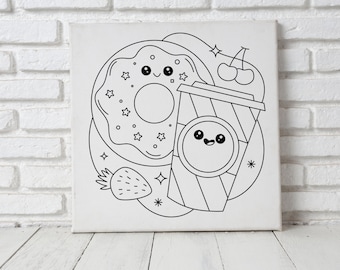 Doughnut & Drink Theme Pre Drawn Canvas to Paint or Color, Pre-Printed Canvas Painting for Kids Party