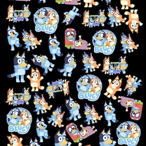 May include: A black background is covered with cartoon images of Bluey and Bingo, the main characters from the animated series. The images include the characters in various poses, some with the word "Bluey" in a circle.