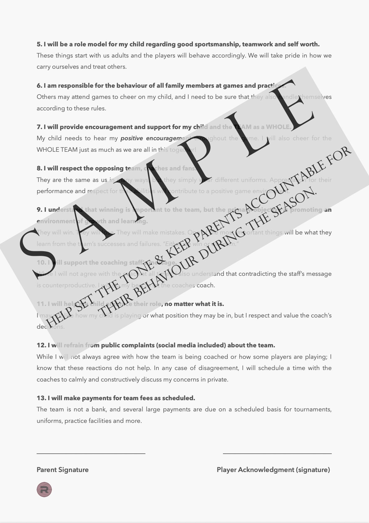 Parent Contract for Sports Youth Sports Template Coach and Parent