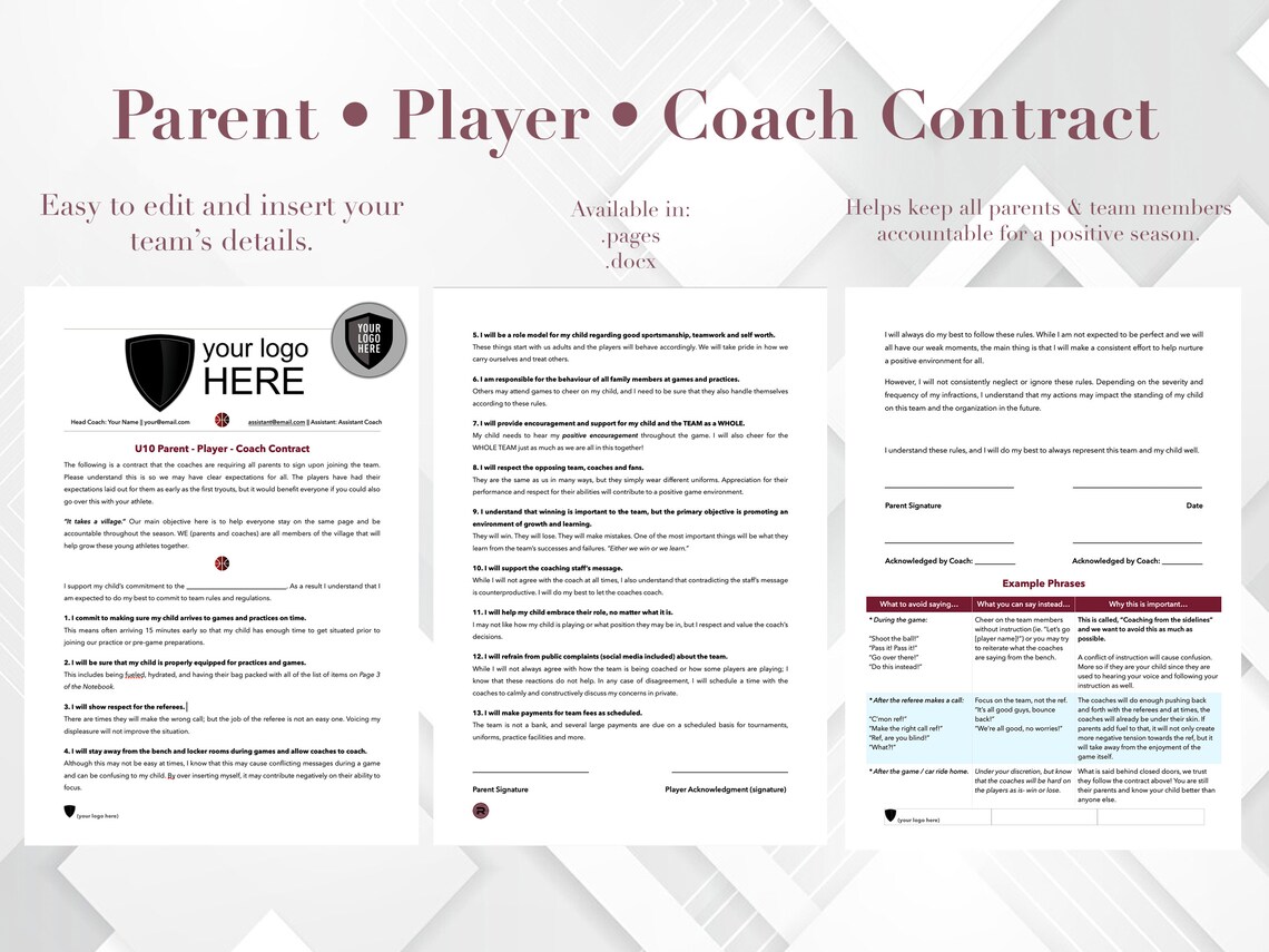 Parent Contract for Sports Youth Sports Template Coach and Parent
