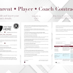 Parent Contract for Sports • Youth Sports Template • Coach and Parent Contract • DIY Editable Printable Agreement