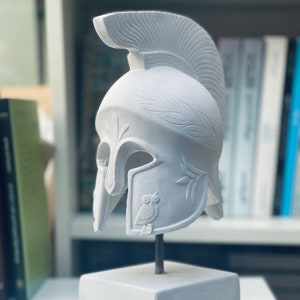 Ancient Greek SPARTAN LEONIDAS Helmet White Stone Polyresin Sculpture - 11 in