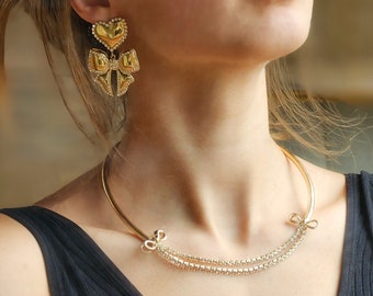 Lindo collar y aretes con diseño de lazo, conjunto de joyas de oro, joyería de moda