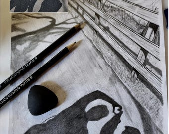 May include: A graphite pencil drawing featuring a shadow of two people dancing, with a fence and tree branches in the background. Two black pencils and an eraser are in the foreground. The drawing includes the text "ROYAL GRAPHITE PENCIL".