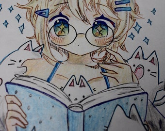 May include: A young woman with blonde hair and glasses is reading a blue book. She is surrounded by four white cats with black eyes. The cats are looking at the book with interest. The woman is wearing a light blue swimsuit. The background is white with blue stars.