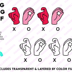 xoxo Amerikanische Gebärdensprache Alphabet SVG PNG DXF | Nach Farbe geschichtet | Liebe Freundschaft bff Text Schriftart geschnitten Datei Cricut Silhouette