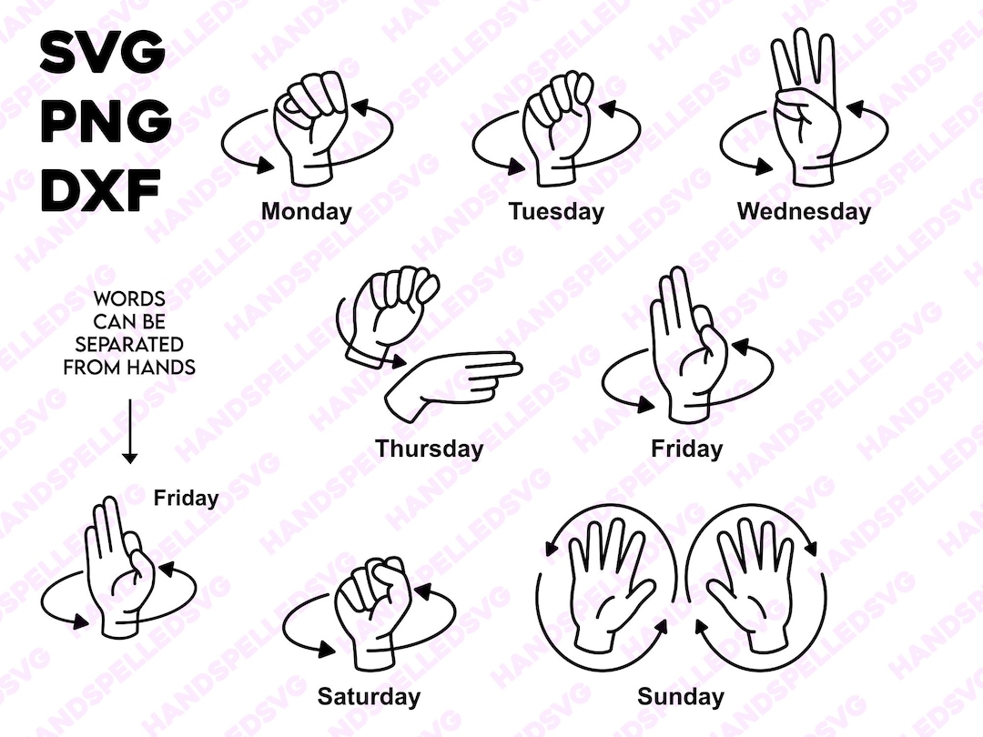 Days of the Week American Sign Language Asl PNG SVG DXF Bundle Deaf