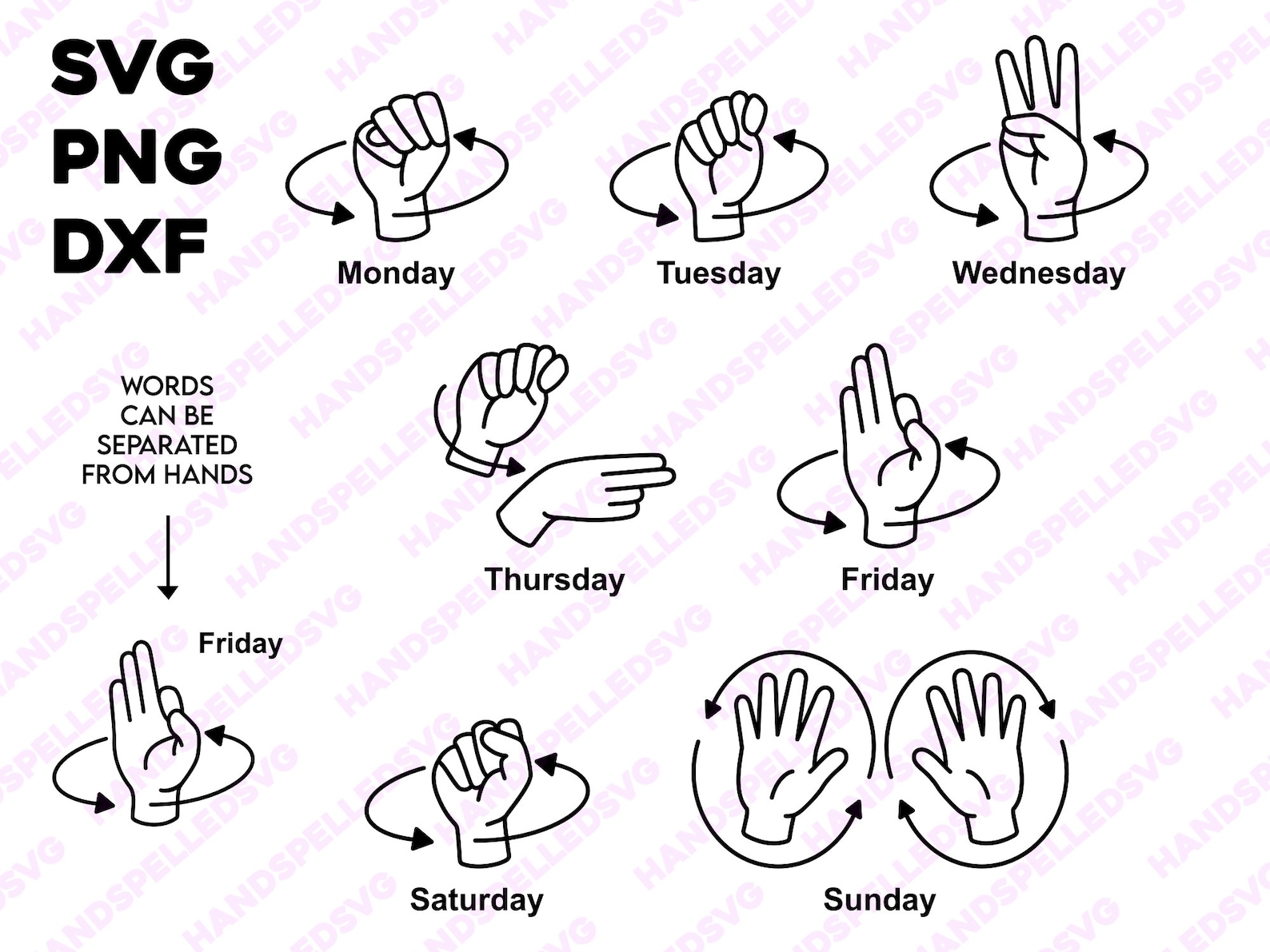 Days of the Week American Sign Language Asl PNG SVG DXF Bundle - Etsy