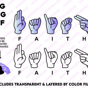Fe Alfabeto de lenguaje de señas americano SVG PNG DXF / En capas por color / Creencia Amor Esperanza Texto Fuente Corte Archivo Cricut Silueta