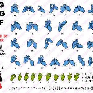 Deletreo dactilar británico en capas por color Alfabeto completo y números 0-9 PNG SVG DXF Paquete / Lenguaje de señas Manual Alfabeto Bsl Archivo de corte
