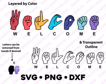 Welcome American Sign Language Alphabet SVG PNG DXF | Layered by Color | Cut File Cricut Silhouette Asl Learning Deaf Education Hand Spelled