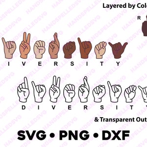 多様性アメリカ手話アルファベット SVG PNG DXF | 色別レイヤー | カットファイル Cricut シルエット ASL インクルージョン教育を学ぶ