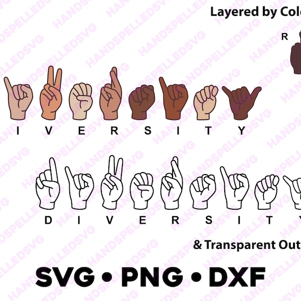 Diversity American Sign Language Alphabet SVG PNG DXF | Layered by Color | Cut File Cricut Silhouette Asl Learn Inclusion Education