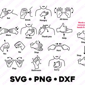 Gemeinsame Wörter Amerikanische Gebärdensprache Asl PNG SVG DXF Bundle Transparenter Hintergrund | Gehörlose Bildung Lernen Lehr-Ressourcendatei Helfen