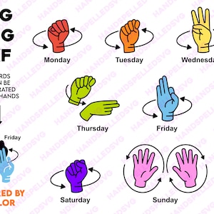Days of the Week American Sign Language Asl PNG SVG DXF Bundle | Layered by Color | Deaf Education Teaching Resource Cut File