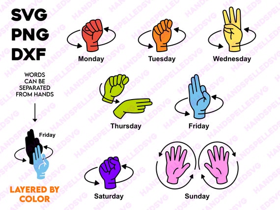 Days of the Week American Sign Language Asl PNG SVG DXF Bundle | Etsy