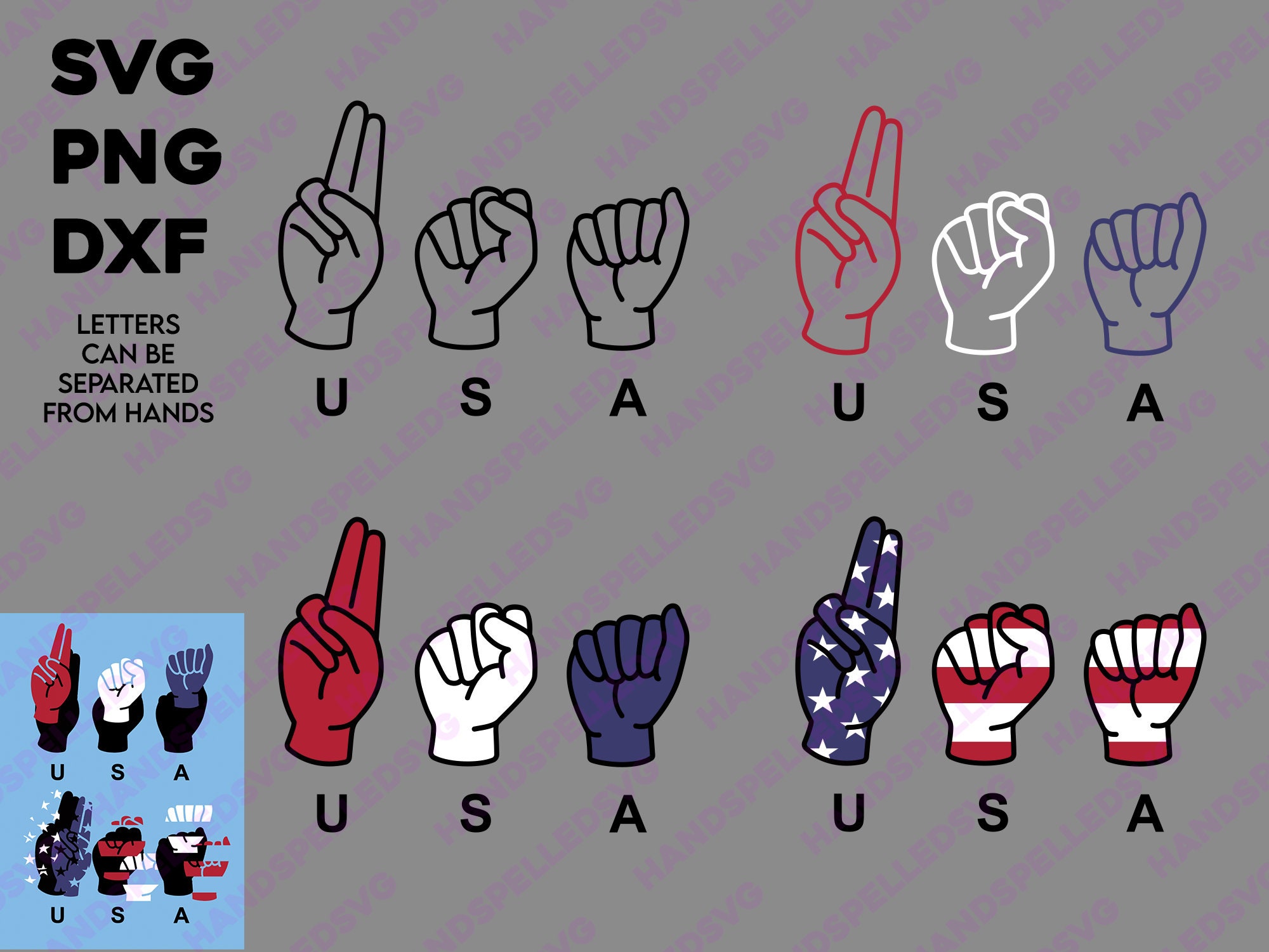 USA Spelled in American Sign Language ASL Png Svg Dxf Bundle ...